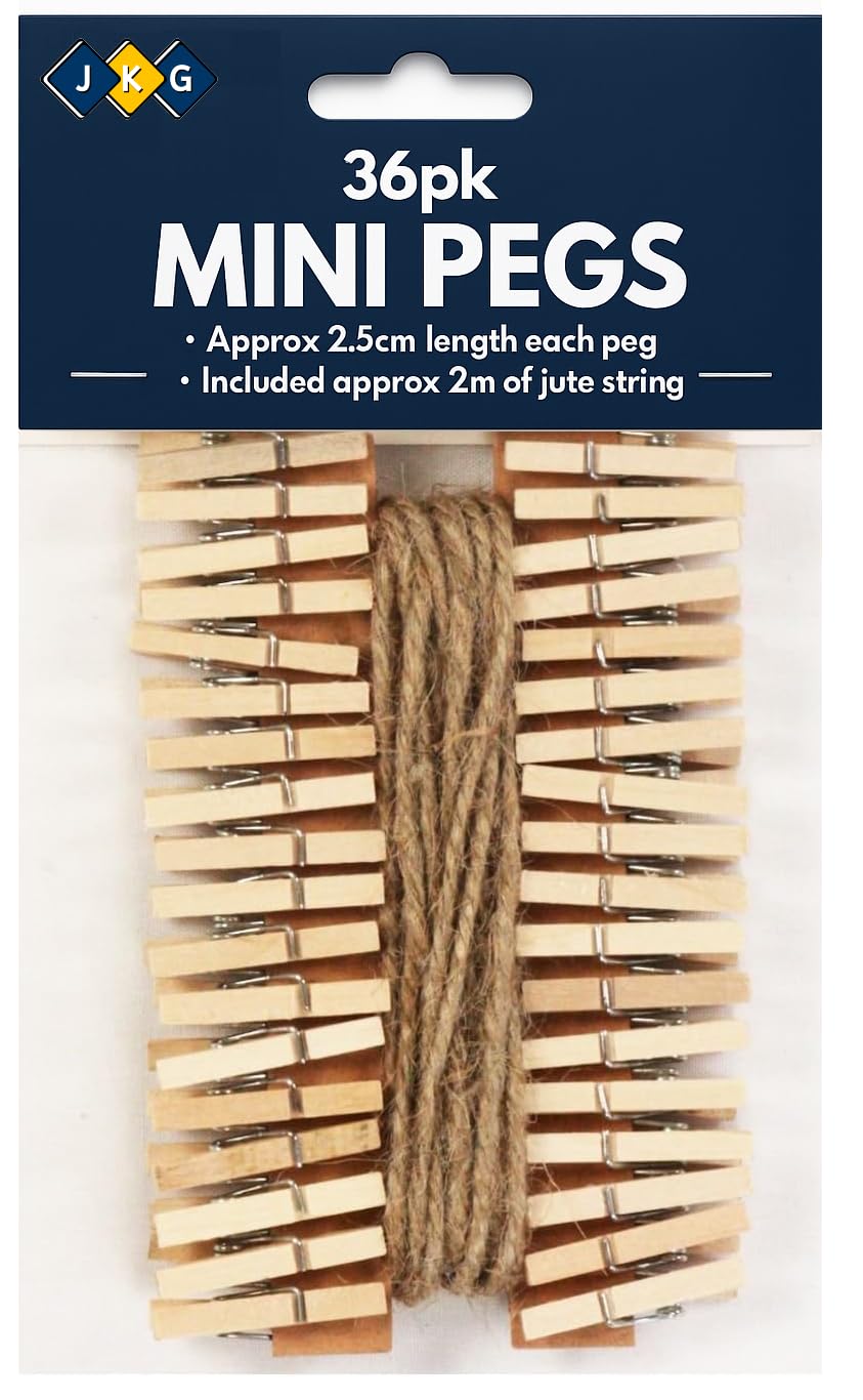 Rustic Mini Wooden Pegs & Jute Twine – Pack of 36