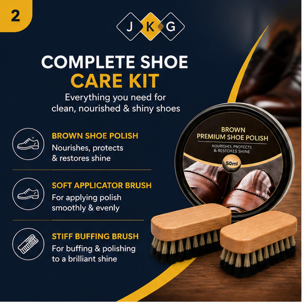 Brown Shoe Polish Kit with 2 Brushes – 50ml