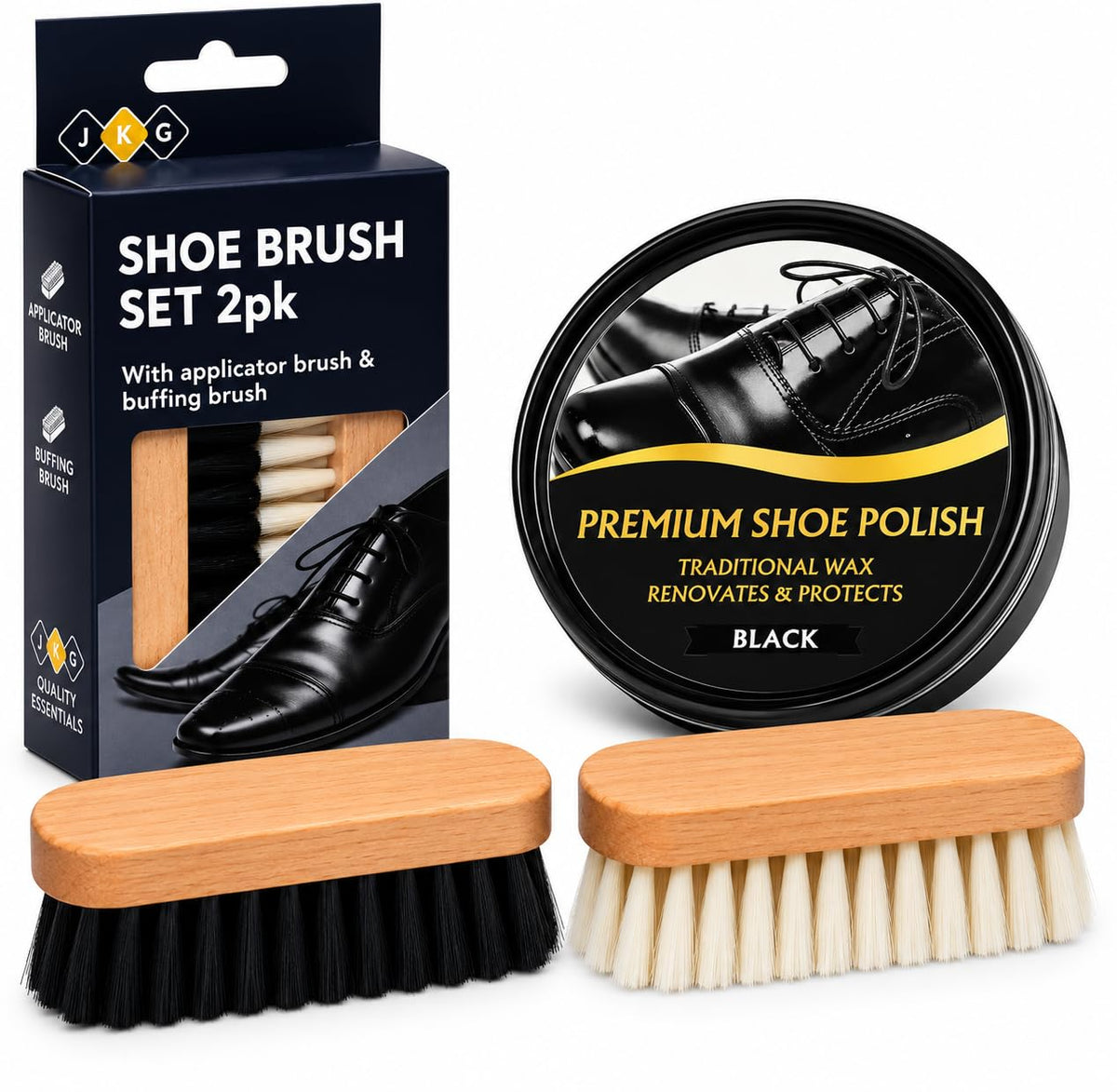 Black Shoe Polish Kit with 2 Brushes – 50ml