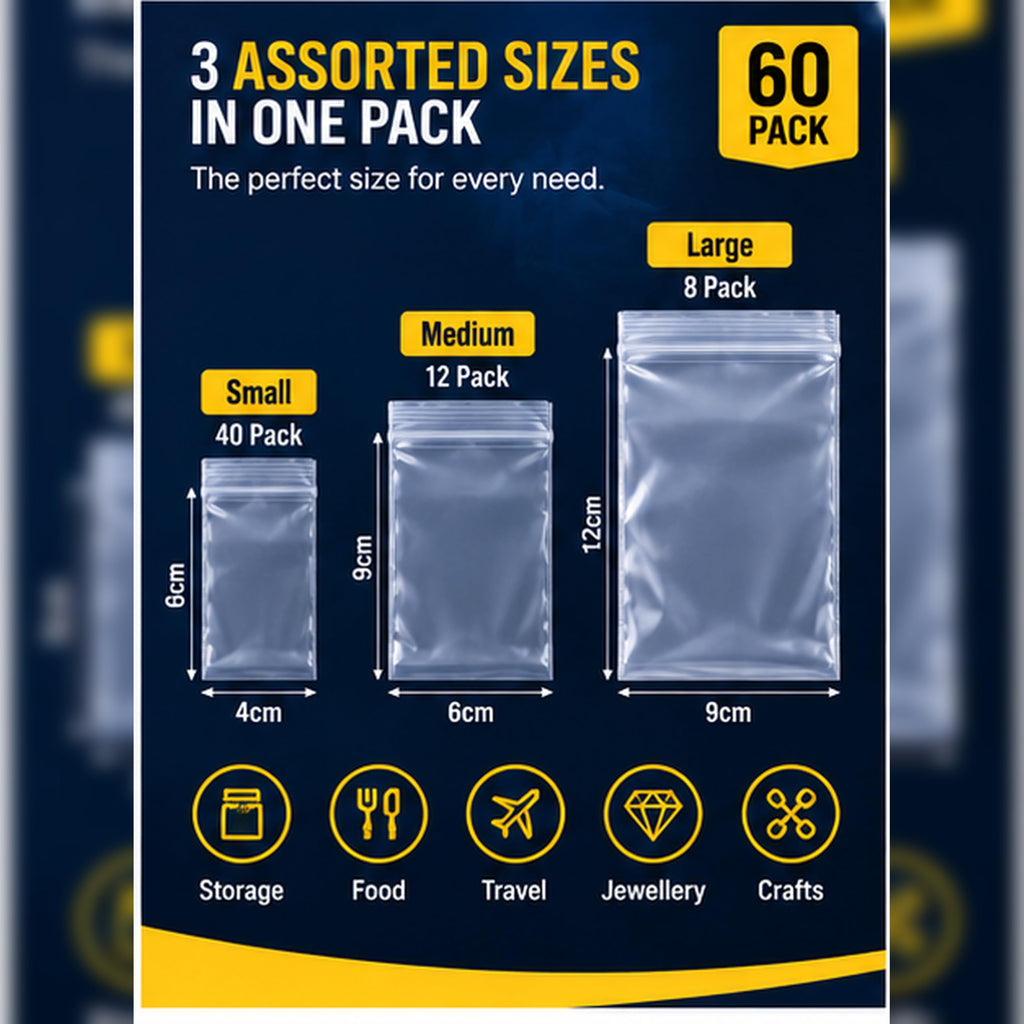 Grip Seal Bags – Pack of 60, Assorted Sizes