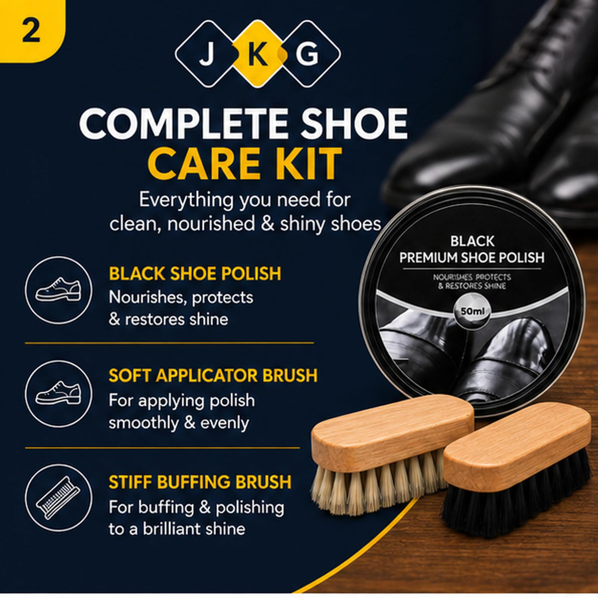 Black Shoe Polish Kit with 2 Brushes – 50ml