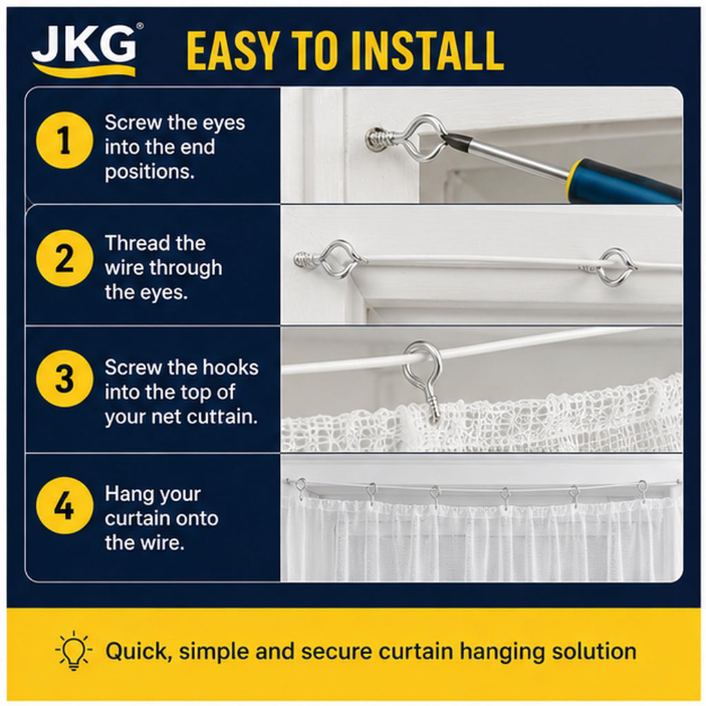Net Curtain Wire with Hooks & Eyes – 4m