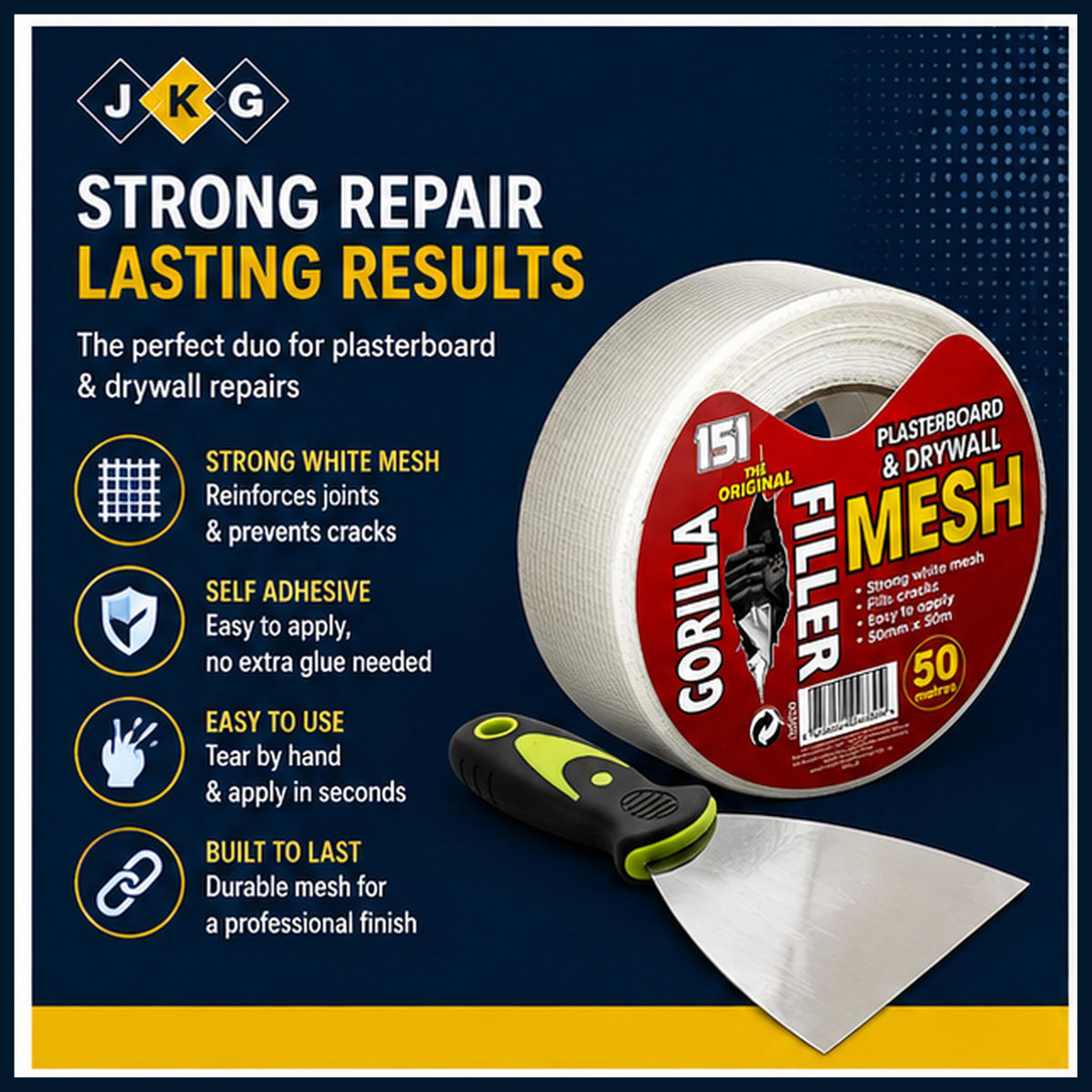 Fibreglass Mesh Tape 50m & Filling Scraper